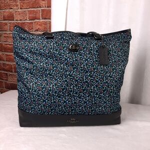 Coach Floral Print Nylon Tote Bag With Navy Leather Trim